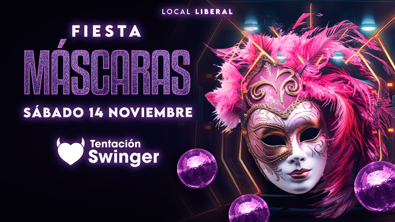 Cartel de la Fiesta Máscaras del sábado 14 de noviembre en Tentación Swinger Torremolinos, con dos mujeres luciendo elegantes máscaras doradas y negras.